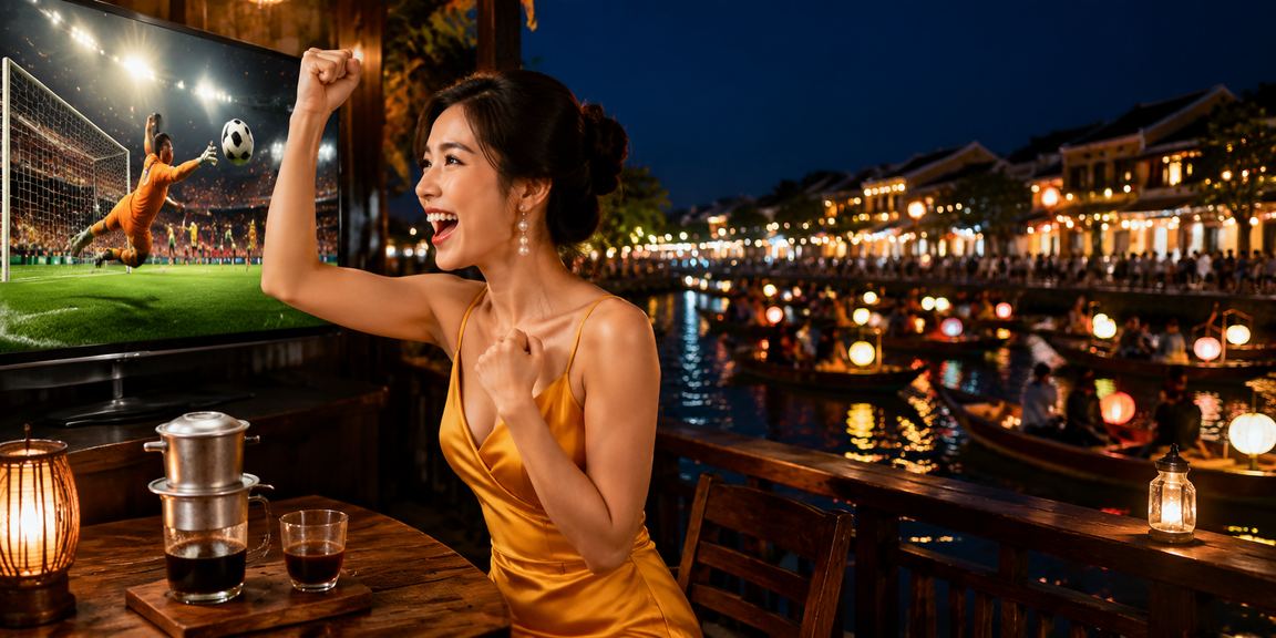 Người dùng Hội An thưởng thức cà phê và trải nghiệm giải trí casino trực tuyến trong không gian đèn lồng