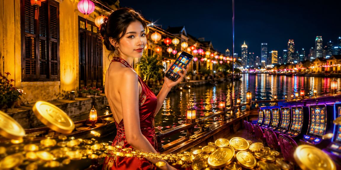 Người dùng trải nghiệm casino trực tuyến qua điện thoại trong không khí lễ hội Hội An